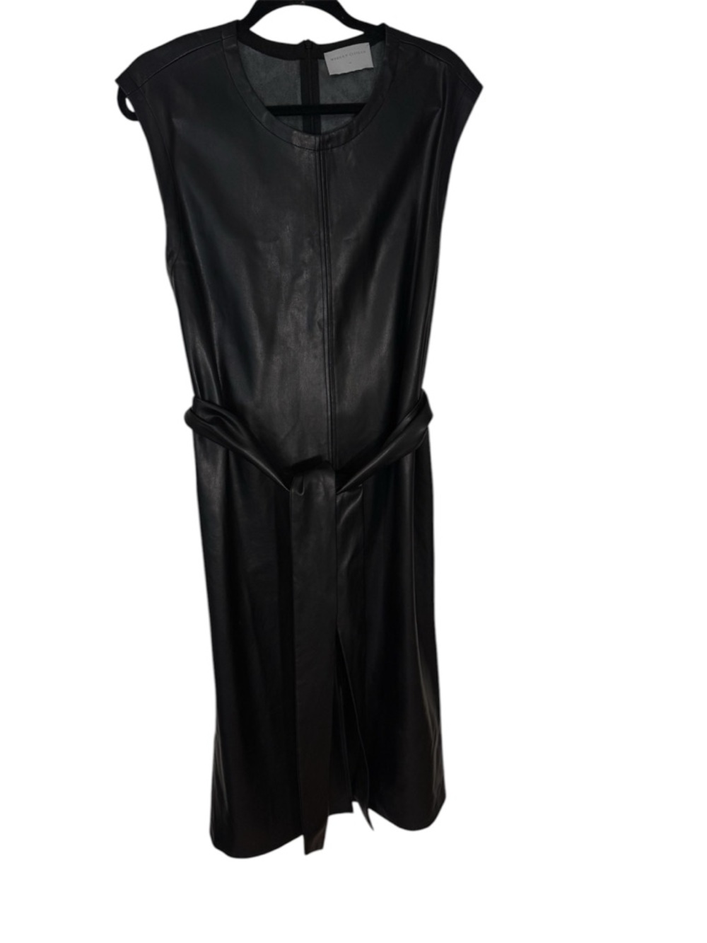 Sleeveless Black Faux-Leather Belted Midi Dress